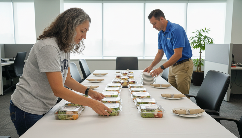 Catering delivery setup inside a corporate office with professionals organizing a conference room table